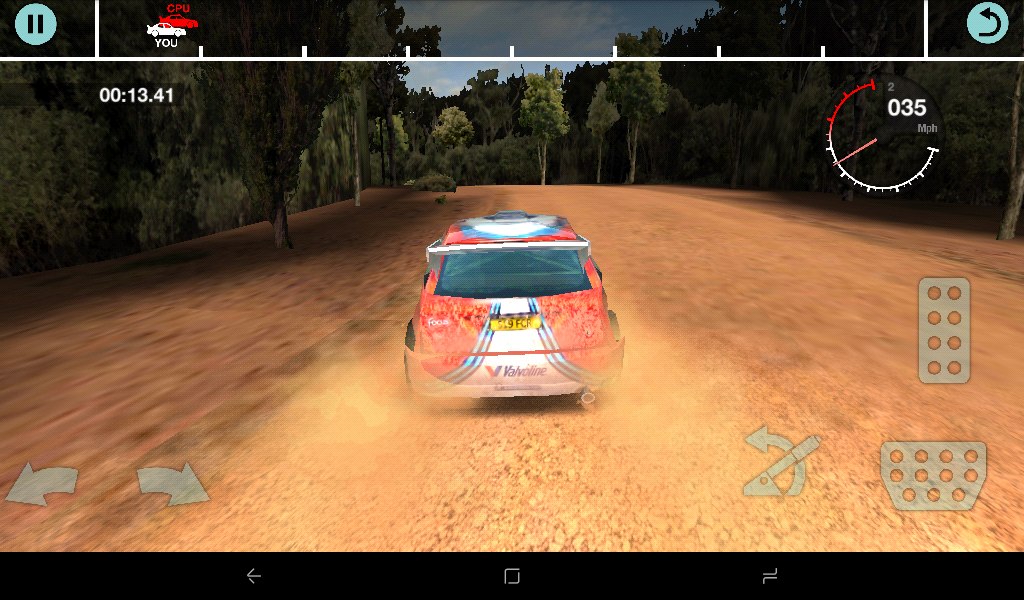 A red and white Ford Focus on a dusty Australian stage, touch controls on screen