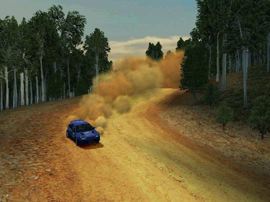 A blue car in a cloud of dust on a straight Australian gravel road lined with eucalyptus trees