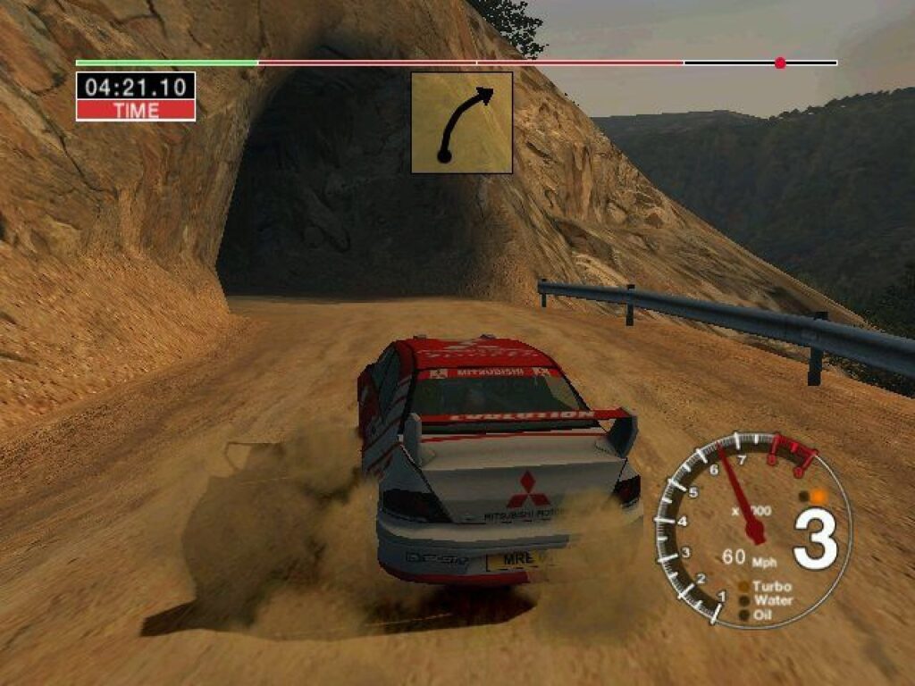 A Mitsubishi Lancer Evolution drives into a rock tunnel on a mountain road, a round rev counter on the right