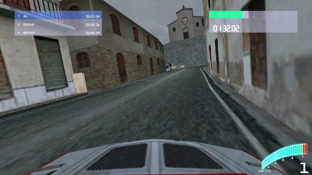 Bonnet view through a narrow Italian village street with old houses and a bell tower, rev counter on the right