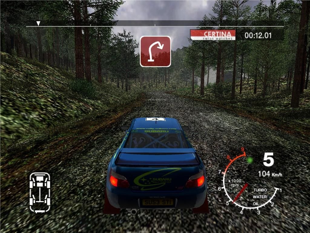 A blue Subaru on a gravel forest road in Japan, a corner sign and a timer at the top