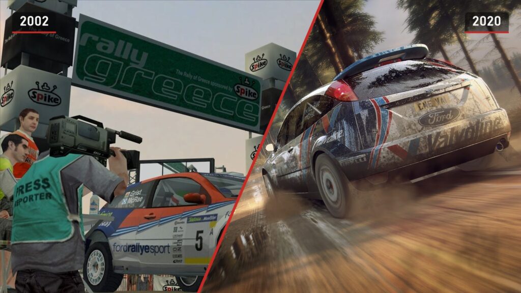 Left, the McRae and Grist Ford Focus at the start of the Greek rally in Colin McRae Rally 3; right, the same Focus covered in mud on a forest road in DiRT Rally 2.0