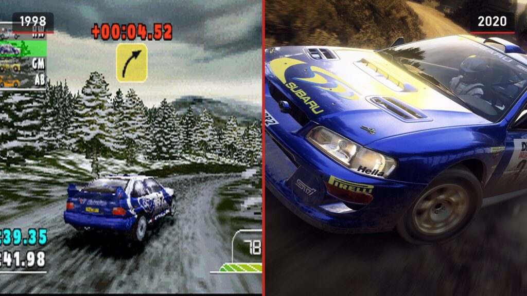Left, a Ford Escort on a snowy stage in Colin McRae Rally from 1998; right, McRae's Subaru Impreza in a Scottish forest in DiRT Rally 2.0