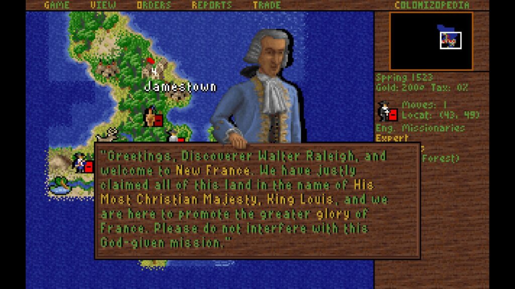 Colonization map with the town of Jamestown and an adviser in a wig welcoming the explorer Walter Raleigh