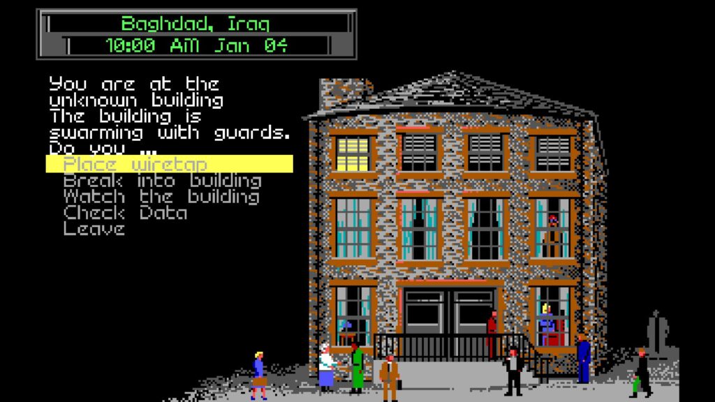 Action menu in front of a building in Baghdad in Sid Meier's Covert Action: break in, watch the building or check data