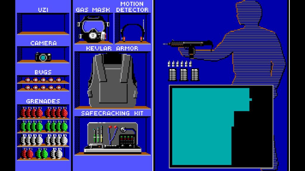 Agent equipment screen in Covert Action: camera, bugs, grenades, body armour and a safecracking kit