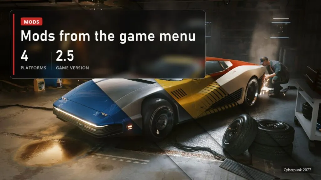 A sports car in a garage in Cyberpunk 2077 with a plate: in Update 2.5 mods work on 4 platforms, without achievements on console