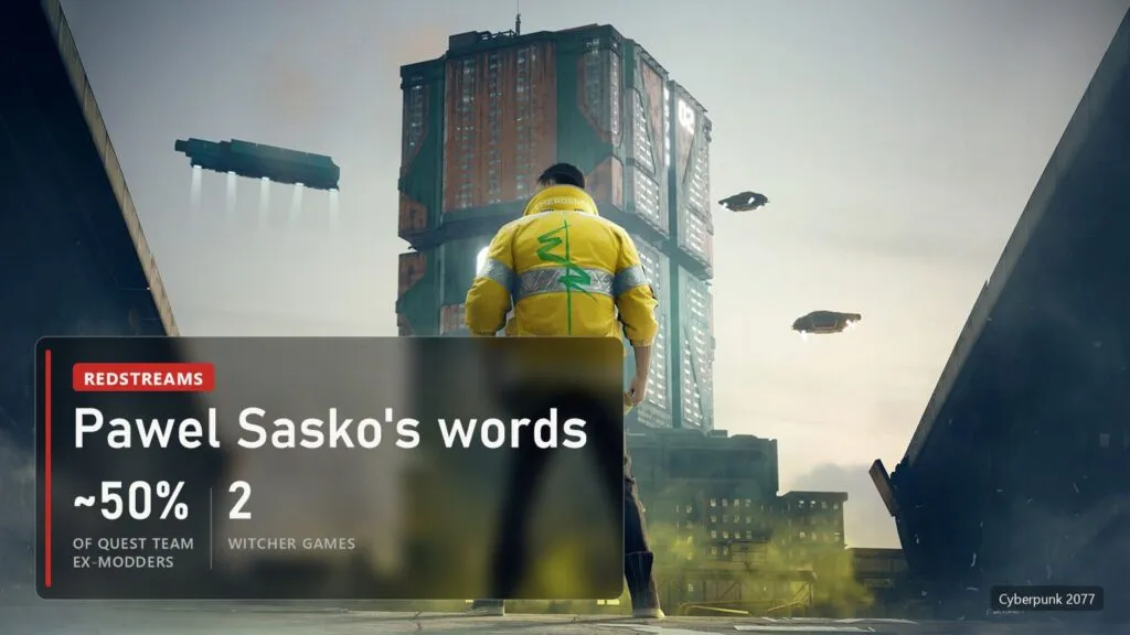 V in a yellow jacket with his back to the camera among Night City towers in Cyberpunk 2077 with a plate: about 50% of the Cyberpunk 2 quest team are former modders