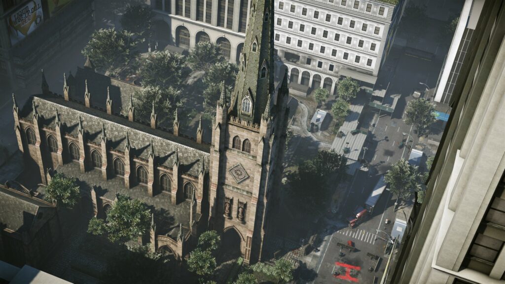 Luchtbeeld van een gotische kathedraal tussen de wolkenkrabbers van New York, uit Crysis 2 Remastered