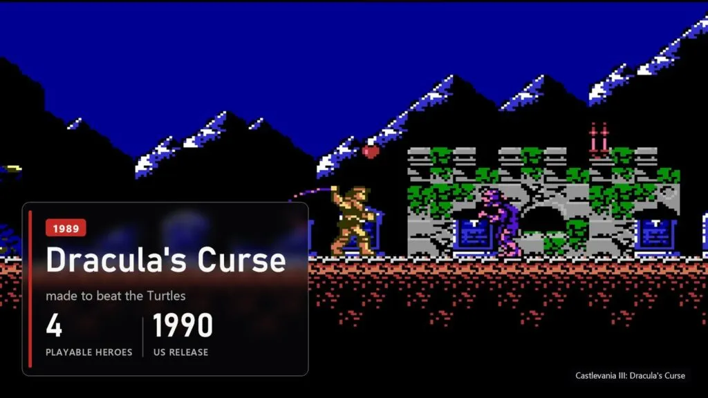 Trevor Belmont by a ruined castle in Castlevania III: Dracula's Curse