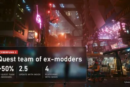 A neon Night City street in Cyberpunk 2077 with a plate: about half the Cyberpunk 2 quest team are ex-modders