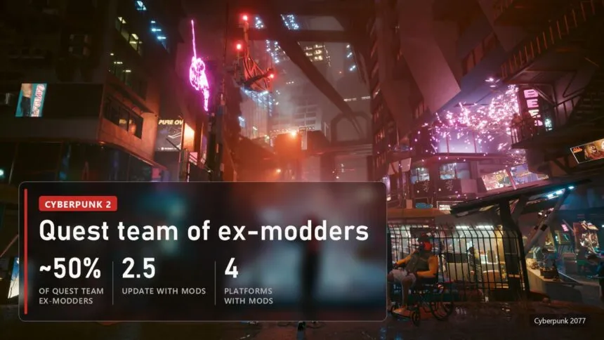 A neon Night City street in Cyberpunk 2077 with a plate: about half the Cyberpunk 2 quest team are ex-modders