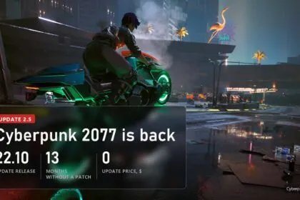 A motorbike with neon wheels on a Night City street in Cyberpunk 2077 with a plate about Update 2.5