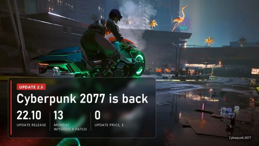 A motorbike with neon wheels on a Night City street in Cyberpunk 2077 with a plate about Update 2.5