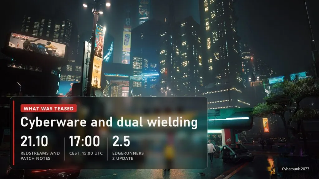 Night City skyscrapers and billboards in Cyberpunk 2077 with a plate showing when Update 2.5 will be shown