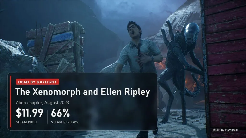 The Alien chases a frightened man in a shirt between rocks and crates at night