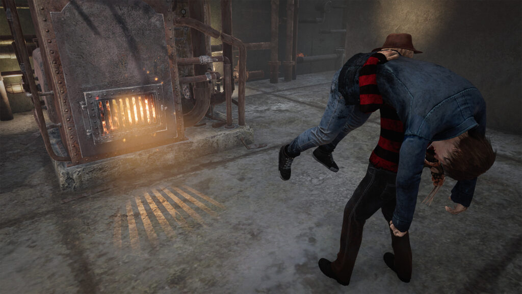 Freddy Krueger draagt een survivor op zijn schouder langs een oven in een stookruimte