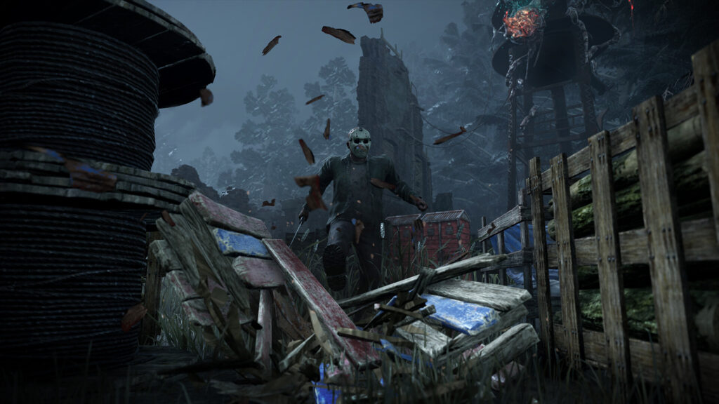 Jason in Dead by Daylight throws debris over a pile of planks and pallets, with splinters flying