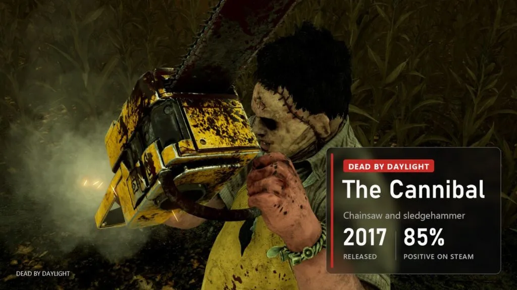 Leatherface in a skin mask and plaid shirt raises a yellow chainsaw in a cornfield at night