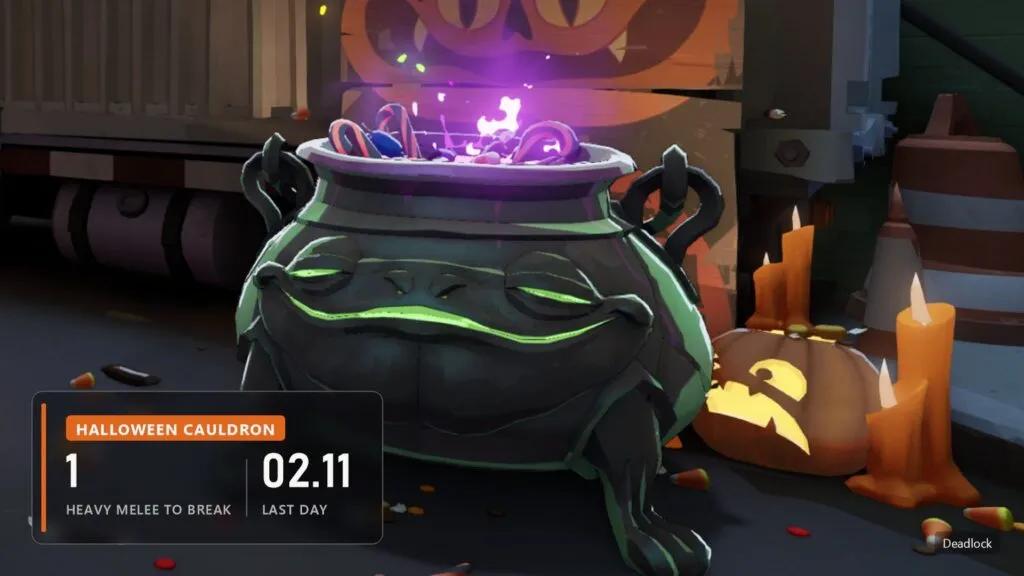 Halloween Cauldron in Deadlock: break it with a heavy melee to get candy and the Sugar Rush buff