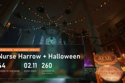 Deadlock Hideout decorated for Halloween 2026: pumpkins, candles and a candy cauldron