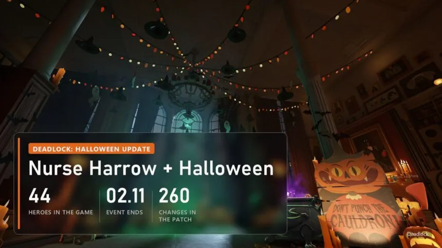 Deadlock Hideout decorated for Halloween 2026: pumpkins, candles and a candy cauldron