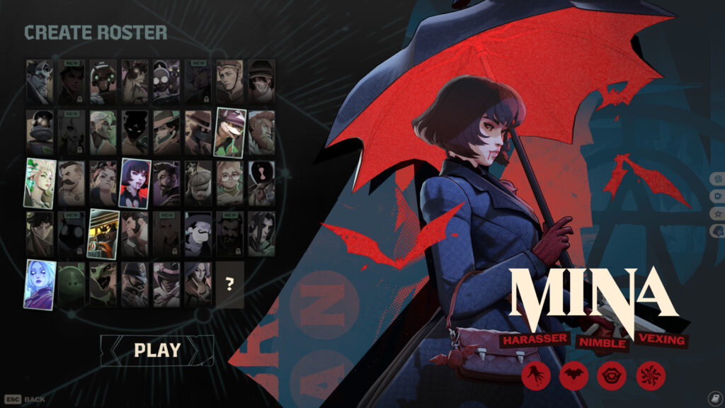 Deadlock hero select screen with Mina art