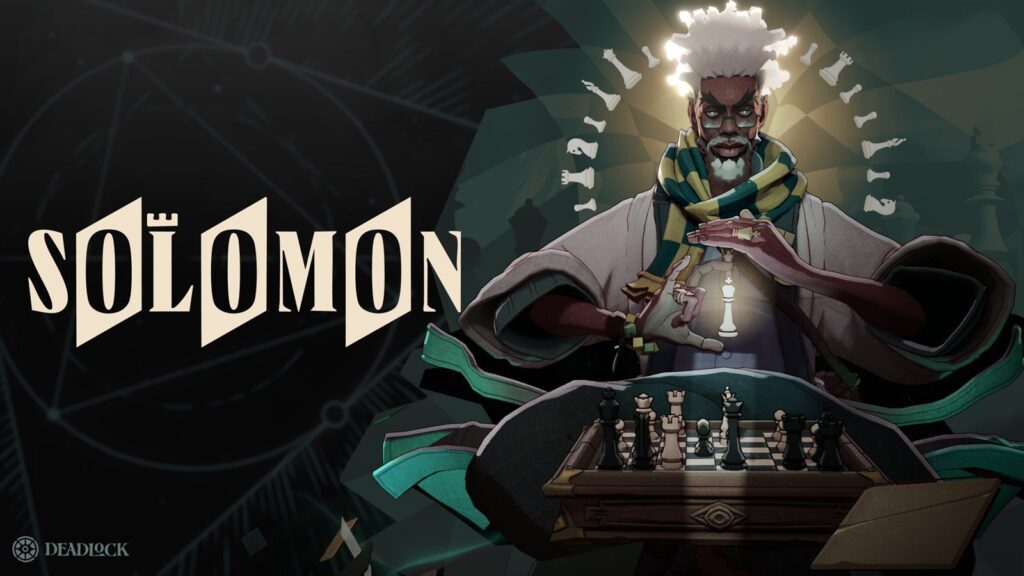 Solomon, nieuwe held in Deadlock, aan een schaakbord met een gloeiende koning