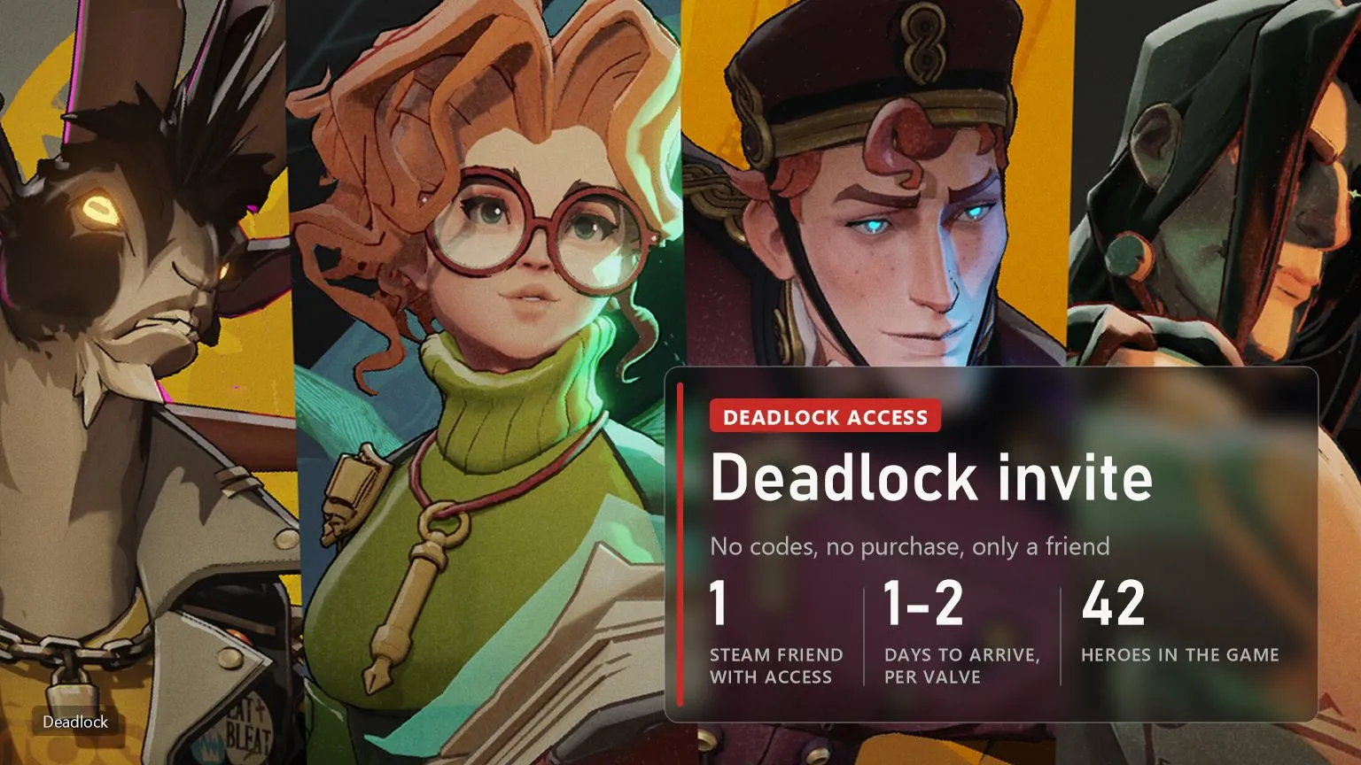 Deadlock heroes key art with a guide overlay on how to get an invite