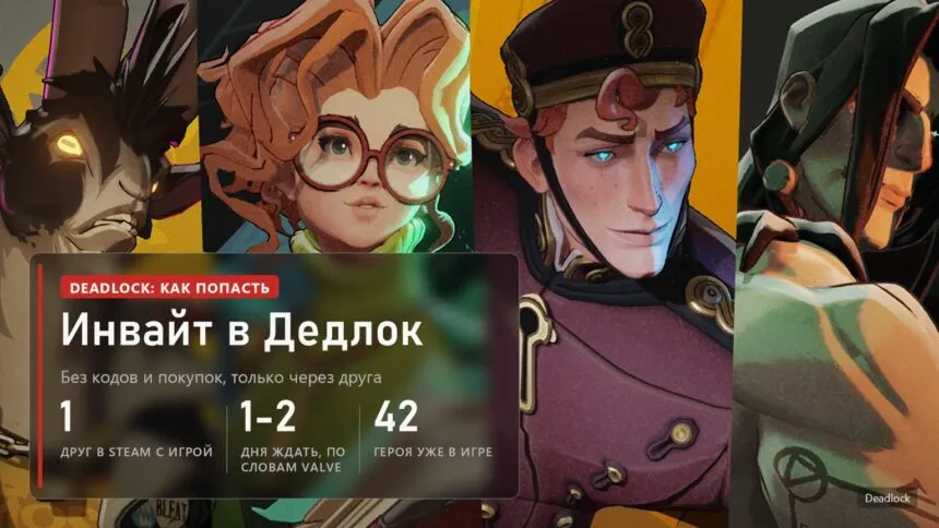 Герои Deadlock на ключевом арте, плашка гайда о том, как получить инвайт