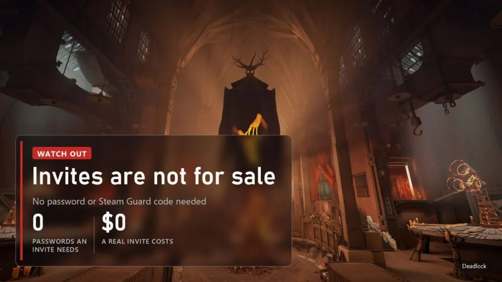 A hall in Deadlock, overlay reminding that invites are free and never need a password
