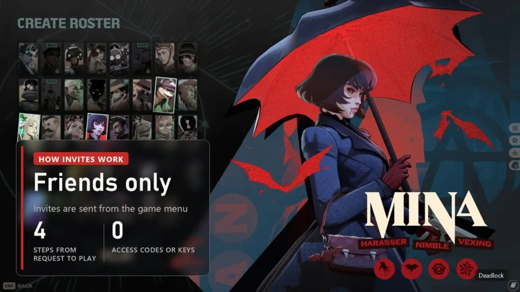 Deadlock hero select screen with Mina, overlay showing four steps to get in