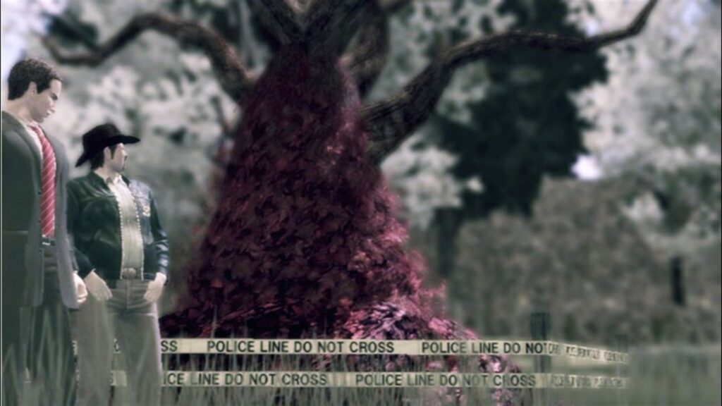 Agent York at a crime scene in Deadly Premonition