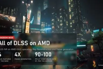 Cyberpunk 2077 night city: the DLSS-NR on AMD 0.8.0 mod brings DLSS upscaling, Ray Reconstruction and frame generation to Radeon