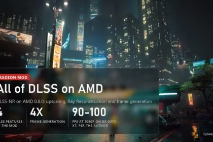 Cyberpunk 2077 night city: the DLSS-NR on AMD 0.8.0 mod brings DLSS upscaling, Ray Reconstruction and frame generation to Radeon