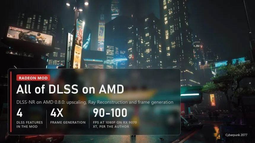 Cyberpunk 2077 night city: the DLSS-NR on AMD 0.8.0 mod brings DLSS upscaling, Ray Reconstruction and frame generation to Radeon