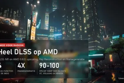 Cyberpunk 2077 bij nacht: de mod DLSS-NR on AMD 0.8.0 brengt DLSS-upscaling, Ray Reconstruction en framegeneratie naar Radeon