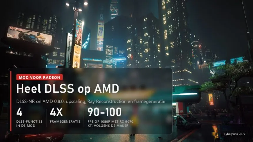 Cyberpunk 2077 bij nacht: de mod DLSS-NR on AMD 0.8.0 brengt DLSS-upscaling, Ray Reconstruction en framegeneratie naar Radeon
