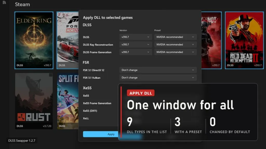 DLSS Swapper 1.2.7 Apply DLL window with version and preset dropdowns for DLSS, FSR 3.1 and XeSS, plate: 9 DLL types in the list, 3 with a preset, 0 changed by default