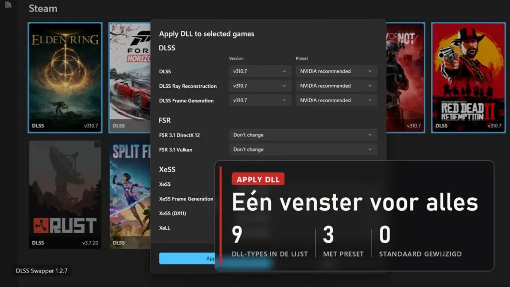 Het venster Apply DLL in DLSS Swapper 1.2.7 met keuzelijsten voor versie en preset voor DLSS, FSR 3.1 en XeSS, op het label: 9 DLL-types in de lijst, 3 met preset, 0 standaard gewijzigd
