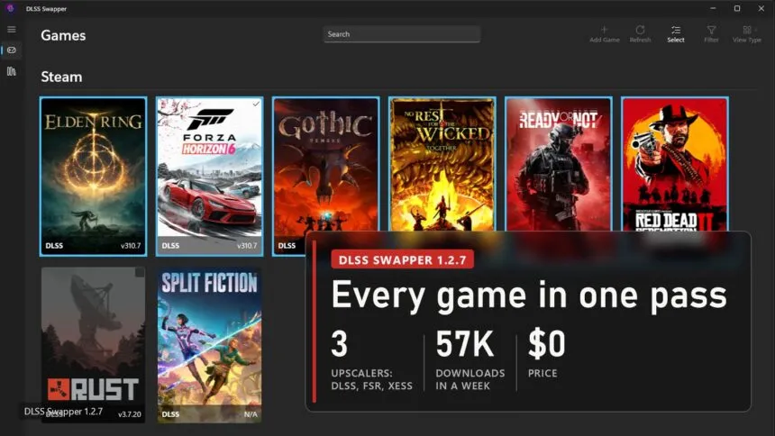 DLSS Swapper 1.2.7 games page in selection mode with six games ticked, plate: 3 upscalers DLSS, FSR, XeSS, 57K downloads in a week, free