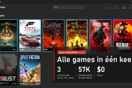 DLSS Swapper 1.2.7 games page in selection mode with six games ticked, plate: 3 upscalers DLSS, FSR, XeSS, 57K downloads in a week, free