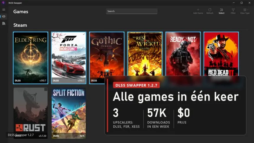 DLSS Swapper 1.2.7 games page in selection mode with six games ticked, plate: 3 upscalers DLSS, FSR, XeSS, 57K downloads in a week, free