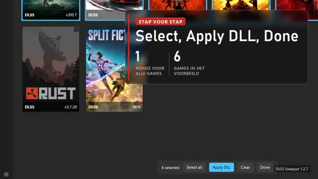 Selectiemodus in DLSS Swapper met onderaan de balk 6 selected, Select all, Apply DLL, Clear en Done, op het label: één ronde voor alle games, 6 games in het voorbeeld