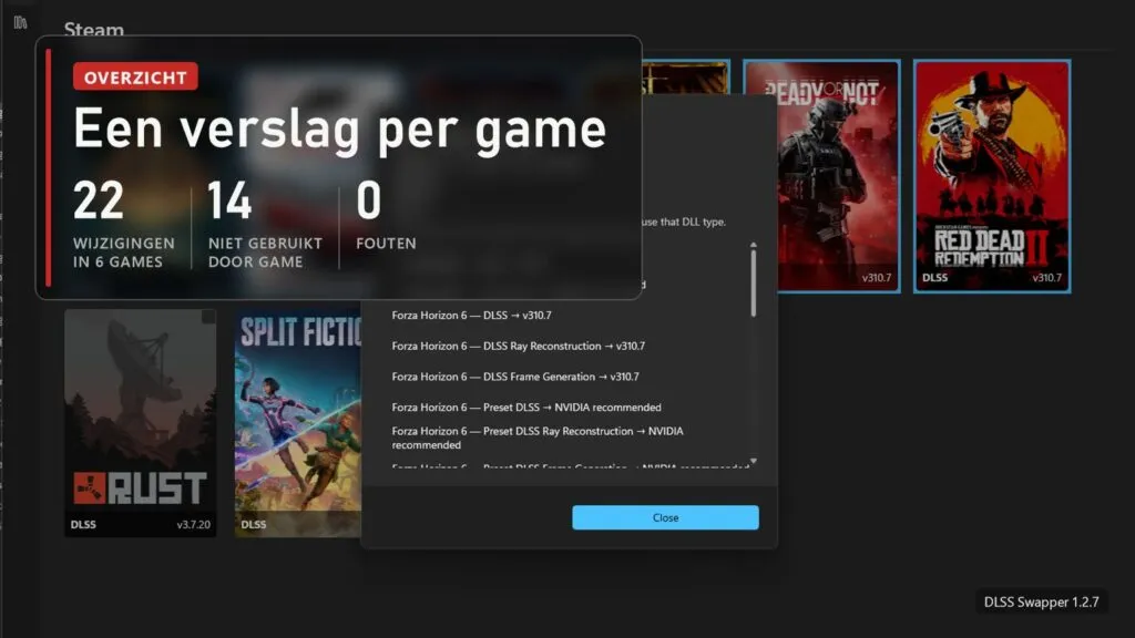 Overzicht van de bulk swap in DLSS Swapper met elke wijziging per game, op het label: 22 wijzigingen in 6 games, 14 niet gebruikt door de game, 0 fouten