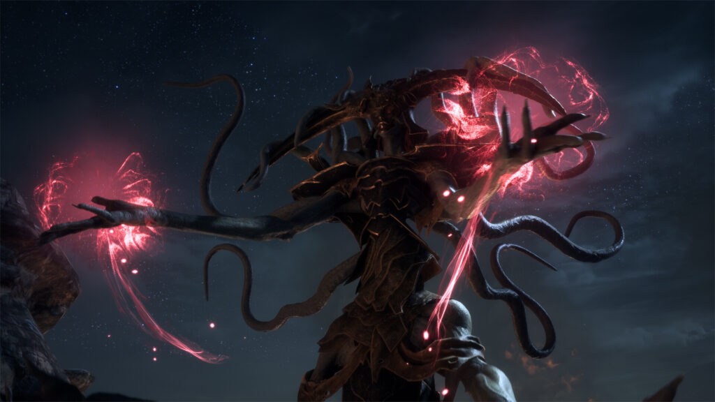 Een enorm Blight-wezen met rood gloeiende tentakels in een donkere grot, uit Dragon Age: The Veilguard