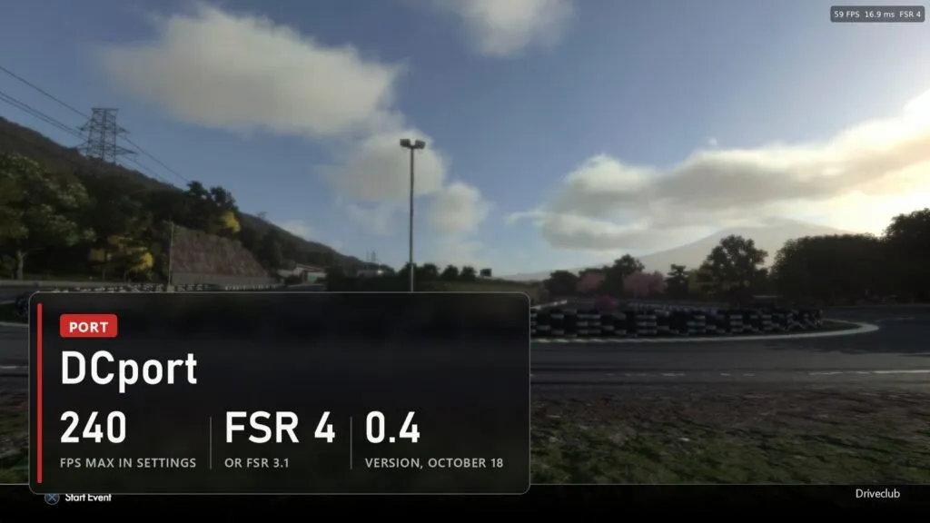 Driveclub in DCport: up to 240 fps in settings, FSR 4, version 0.4