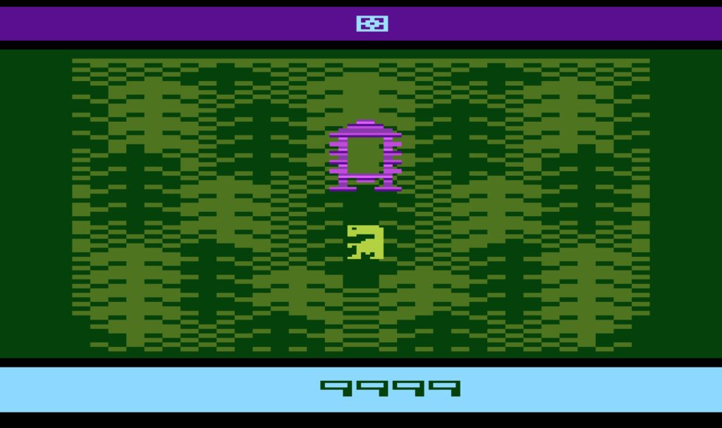 E.T. staat in een kuil op een groen scherm van de Atari 2600