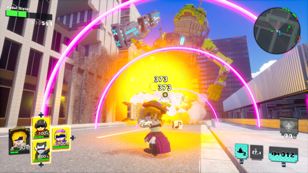 A voxel soldier fights a giant enemy in the middle of a city