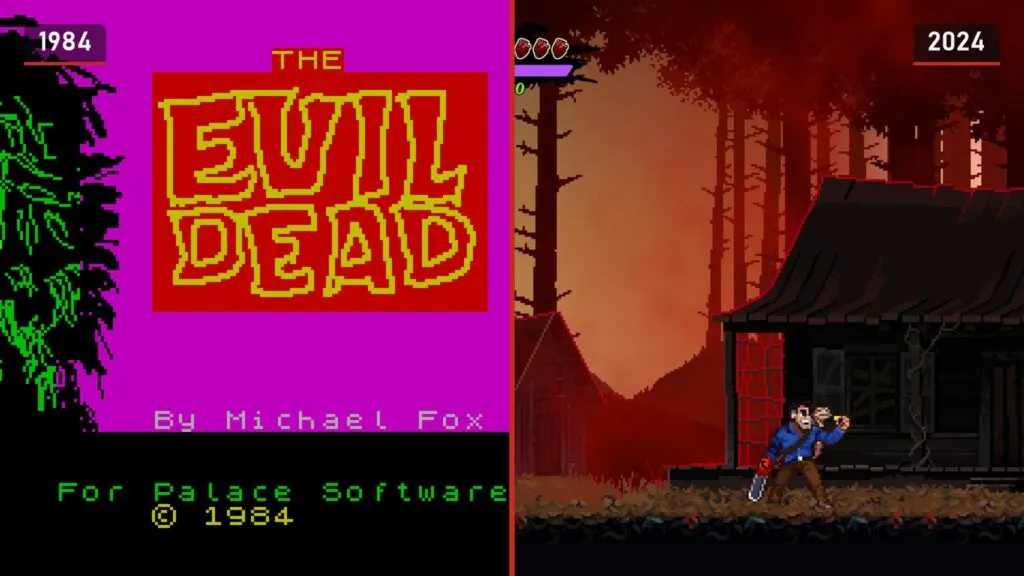 Слева загрузочный экран The Evil Dead для ZX Spectrum с зелёной головой демона и надписью Evil Dead на красном, справа пиксельный Эш с бензопилой у хижины в красном лесу из RetroRealms